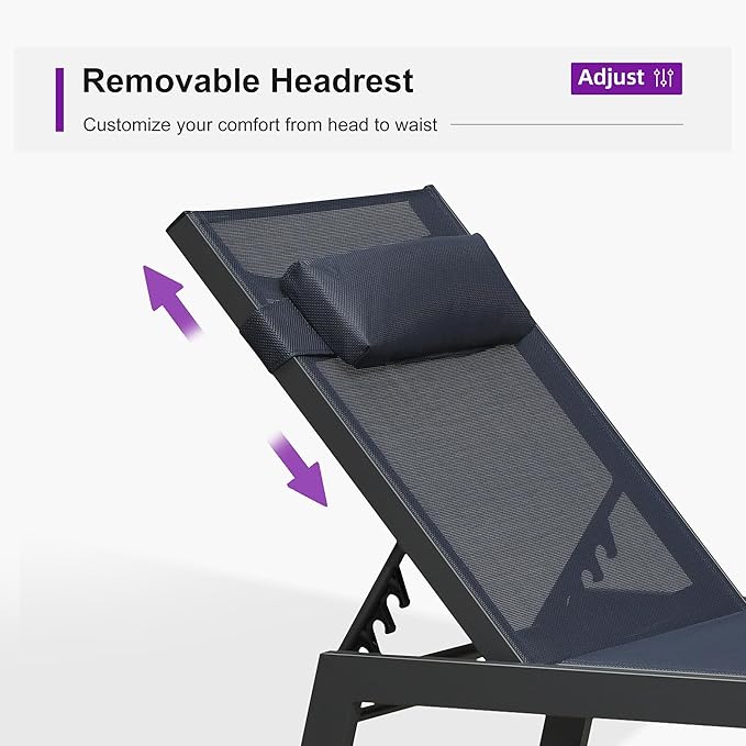 PURPLE LEAF Outdoor Lounge Chair Set of 3 Patio Chaise Pool Lounger Aluminum Frame with Side Table and Wheels for Outside Sunbathing Tanning Recliner Including Pillows Navy Blue