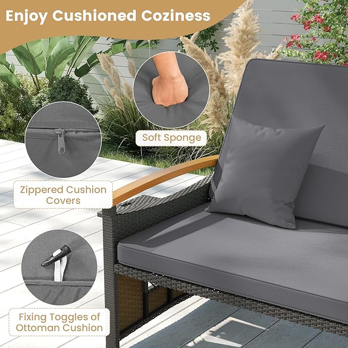 Tangkula Patio Rattan Daybed with 4-Level Adjustable Backrest, Outdoor Wicker Loveseat with Acacia Wood Armrest - Photo 6