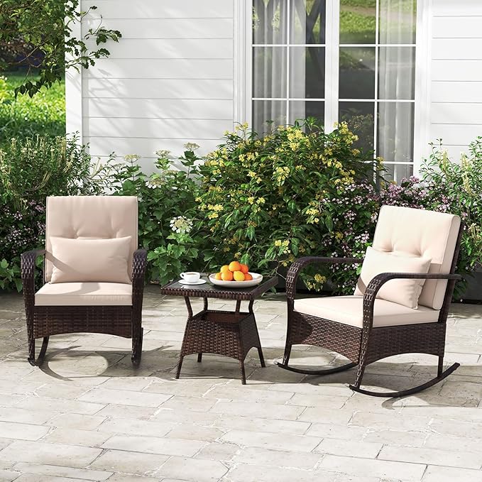 ORALNER 3 Pieces Patio Furniture Set, Outdoor Wicker Rocking Chairs with Cushions, Pillows, Glass Coffee Table - Photo 2