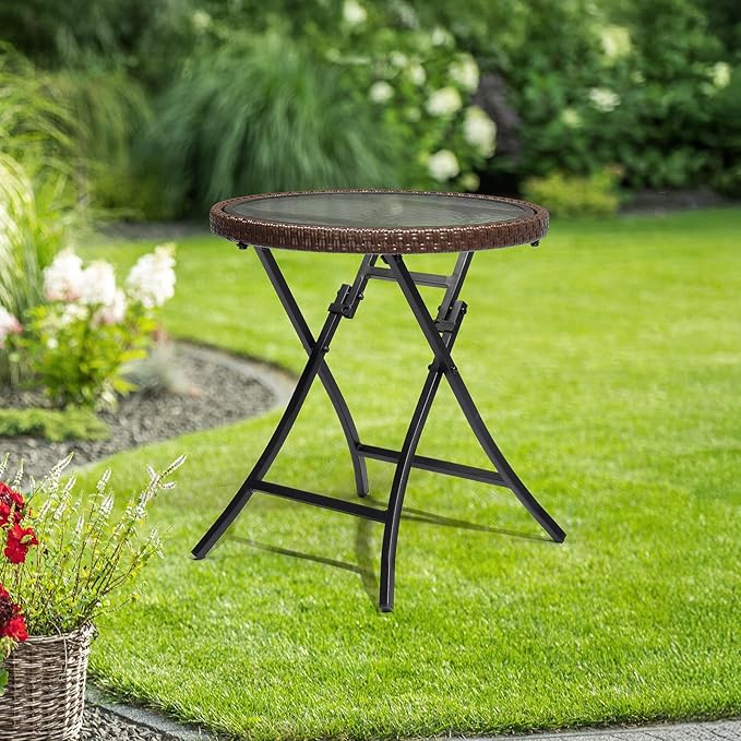 Outdoor Side Table, Round Rattan Patio Side Table, Small Foldable Wicker Table with Tempered Glass Table Top for Lawn Garden Balcony Porch Deck Pool