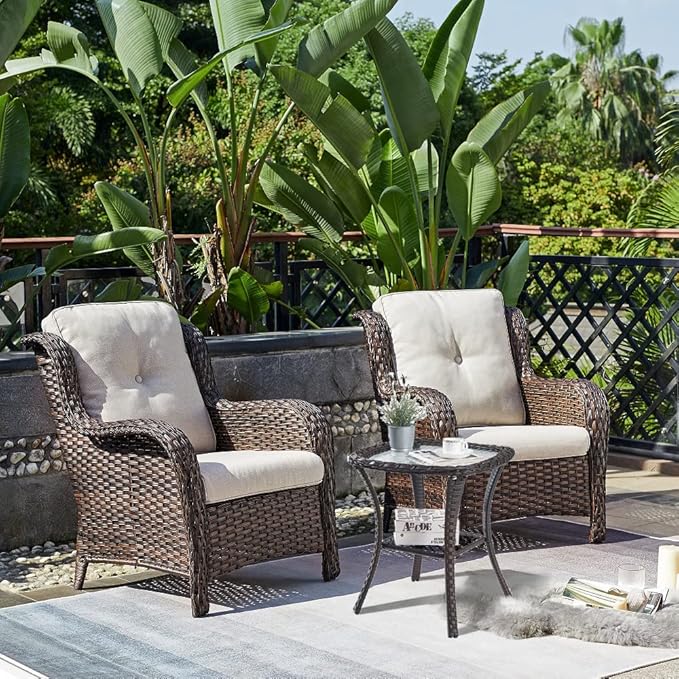 HUMMUH 5 Pieces Patio Bistro Set Wicker Patio Chairs Set of 2 with Ottomans and Side Table Rattan Outdoor Furniture Conversation Set for Yard,Garden,Porch…