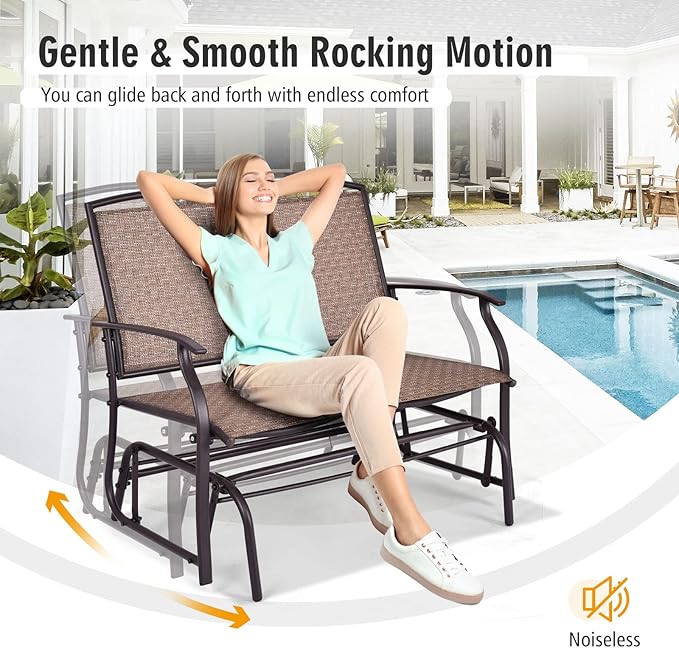 Byroce 2-Person Patio Outdoor Glider Bench, Double Swing Loveseat Rocker with Heavy Duty Metal Frame, 400 LBS, Rocking Chair for Backyard, Balcony, Garden, Poolside, Deck, Front Porch (Brown)