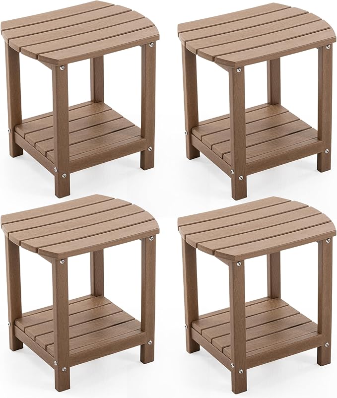 Adirondack Small Outdoor Side Table - Weatherproof HDPE Patio End Table with 2-Tier Storage for Firepit, Balcony, Garden, Poolside or Bathroom (Brown, Set of 4)