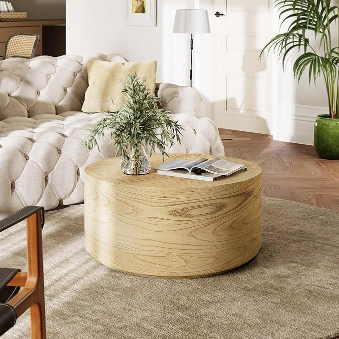 UPHA 28" Round Outdoor Coffee Table, Modern Hollow Concrete Patio Table, Small Minimalist Low Accent Table for Living Room, Balcony, Deck, Backyard, Natural Wood Finish