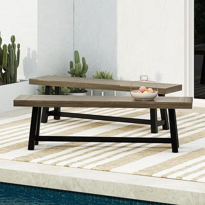 Merax 2-Piece Acacia Wood Outdoor Benches Set, 63" Rustic Patio Bench with Sandblast Gray Finish and H-Stretcher Design, Solid Hardwood Garden Bench for Dining, Porch, Fire Pit, Grey+Black