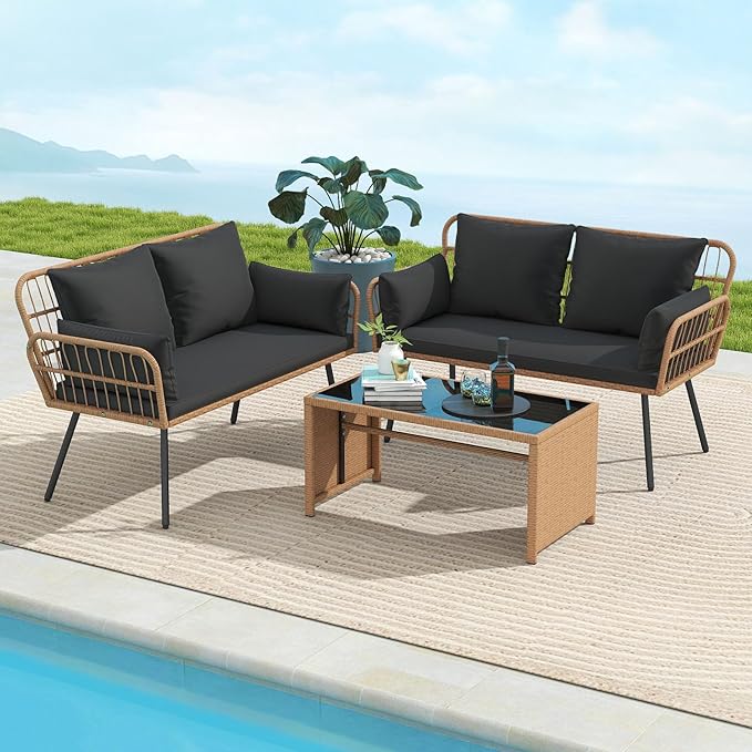 Tangkula Patio Wicker Loveseat, Outdoor Rattan 2-Seat Cushioned Sofa with Heavy Duty Metal Frame, for Backyard, Porch - Photo 4