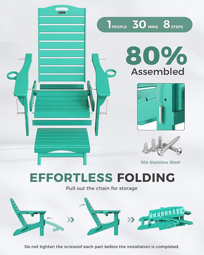 Folding Adirondack Chair with Retractable Ottoman, Weather Resistant Fire Pit Chair Patio Chair with 2 Cup Holder Lawn Outdoor Lounge Chair (Lake Blue)
