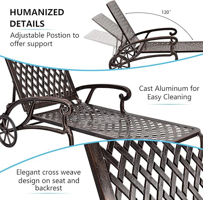 KEIKI Chaise Lounge Chair Outdoor, Aluminium Cast Patio Chaise Lounge with Adjustable Backrest and Moveable Wheels - Photo 4