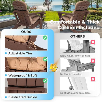 nalone Folding Adirondack Chairs Set of 2 with Cushion with Cup Holder, HDPE Plastic Oversized Patio Chair Weather Resistant, Used in Outdoor, Fire Pit, Deck, Garden, Campfire Chairs