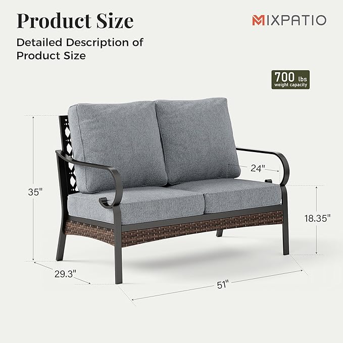 Patio Furniture Sofa, Love-Seat Patio Sofa Steel Frame Outdoor Sectional Couch with Deep Seating and 5.75” Cushions for - Photo 2