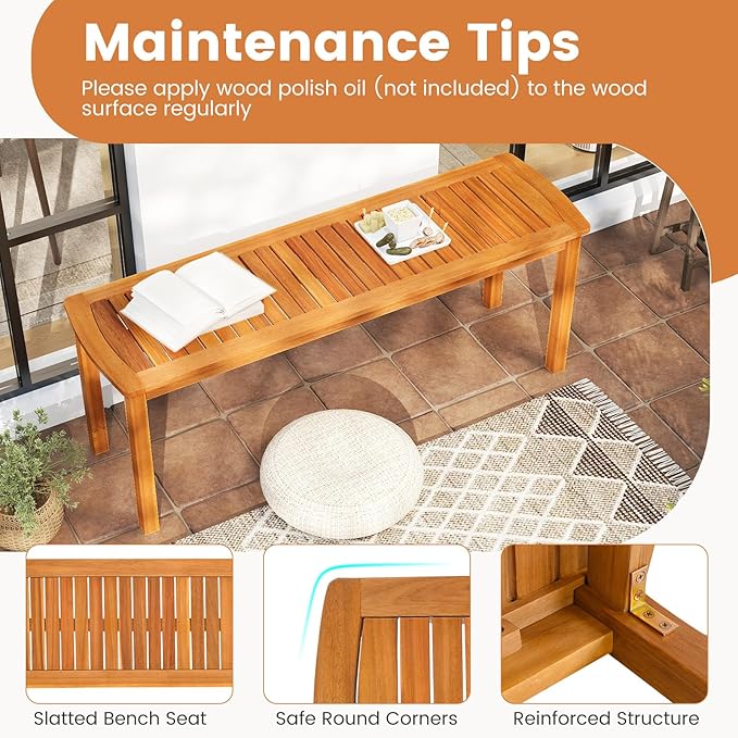 Tangkula Acacia Wood Outdoor Bench, 47" Patio Dining Bench with Slatted Seat, Backless Wooden Garden Bench, Farmhouse Furniture for Garden, Entryway, Poolside, Porch, Balcony, Park & Deck
