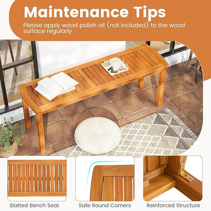 Tangkula Acacia Wood Outdoor Bench, 47" Patio Dining Bench with Slatted Seat, Backless Wooden Garden Bench, Farmhouse Furniture for Garden, Entryway, Poolside, Front Porch, Balcony, Park & Deck
