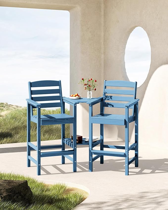 SERWALL Tall Adirondack Chairs Set of 2 with Connecting Table, Blue