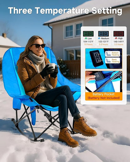 Slsy Oversized Heated Rocking Camping Chair for Adults, 400 lbs Heavy Duty Padded Recliner with Side Pocket, Cup Holder & Carry Bag, Foldable Outdoor Lawn Chair for Patio, Backyard, or Camp