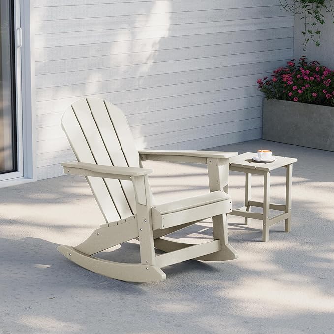 Costaelm Outdoor Adirondack Chair, All Weather Resistant Classic Balcony Chair and Fire Pit Chairs, Adirondack Plastic Outdoor Porch Furniture Rocking Chair High Back HDPE Poly Lumber, Sand