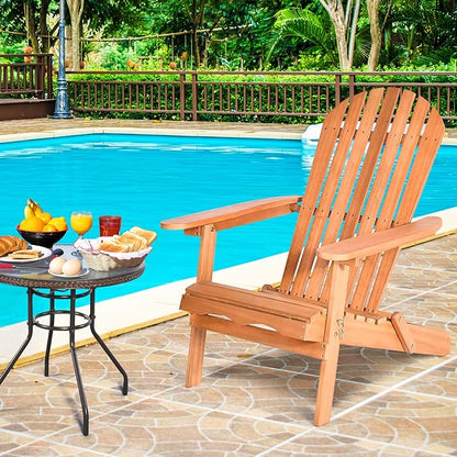 Tangkula Folding Adirondack Chair, Weather Resistant Outdoor Chair, Eucalyptus Wood Adirondack Lounger Chair for Patio Porch Deck Poolside and Backyard (1) Natural