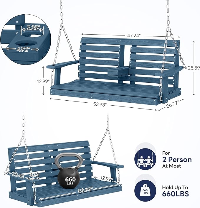 KINGYES Outdoor Hanging Porch Swing Set of 4, 2 Seat Patio Chair With Cup Holders - Photo 3