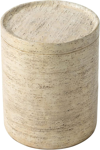 COSIEST Outdoor Side Table, Cylinder Shaped MgO Patio End Table, Lightweight Accent Table with Tray Top, Round Plant Stand Tool for Garden and Deck, Beige