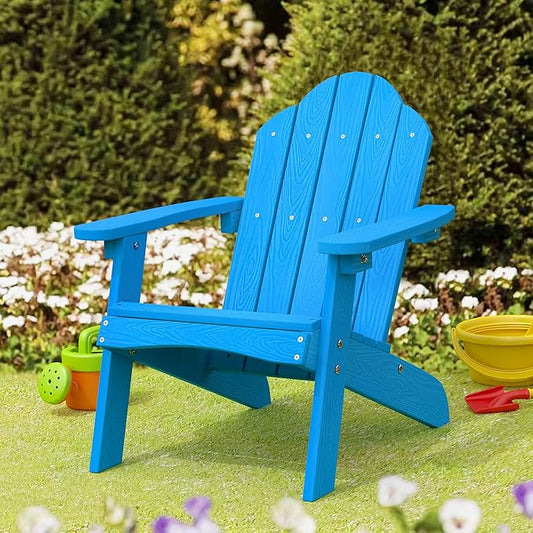 LUE BONA Kids Adirondack Chair Set of 4 - Blue Poly Lumber Plastic, Weather Resistant Toddler Outdoor Patio Lounge Chair for Balcony, Backyard