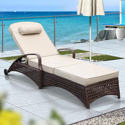 NOBLEMOOD Chaise Lounge Outdoor Wicker Lounge Chair with Wheels, Adjustable 6 Position Pool Reclining Chair with Blue Thickened Fabric Cushion & Pillow, Pack of 2