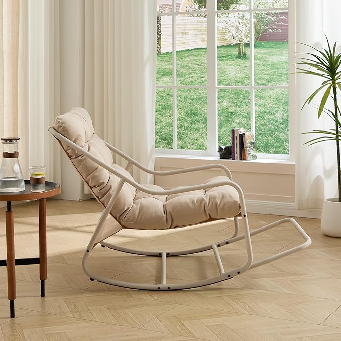 Rocking Chair with Foot Rest, Outdoor Indoor Rocking Lounge Chair with Cushion, Comfortable Patio Rocker Chairs for Patio, Porch, Garden, Living Room, Reading, Metal Frame, Beige