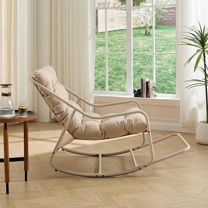 Rocking Chair with Foot Rest, Outdoor Indoor Rocking Lounge Chair with Cushion, Comfortable Patio Rocker Chairs for Patio, Porch, Garden, Living Room, Reading, Metal Frame, Beige
