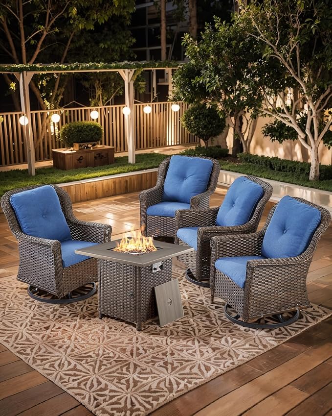 Outdoor Patio Swivel Gliders with Fire Pit Table 5 Piece Set - High Back Brown Wicker Rattan Rocking Chair with Thick - Photo 6