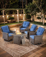 Outdoor Patio Swivel Gliders with Fire Pit Table 5 Piece Set - High Back Brown Wicker Rattan Rocking Chair with Thick - Photo 6