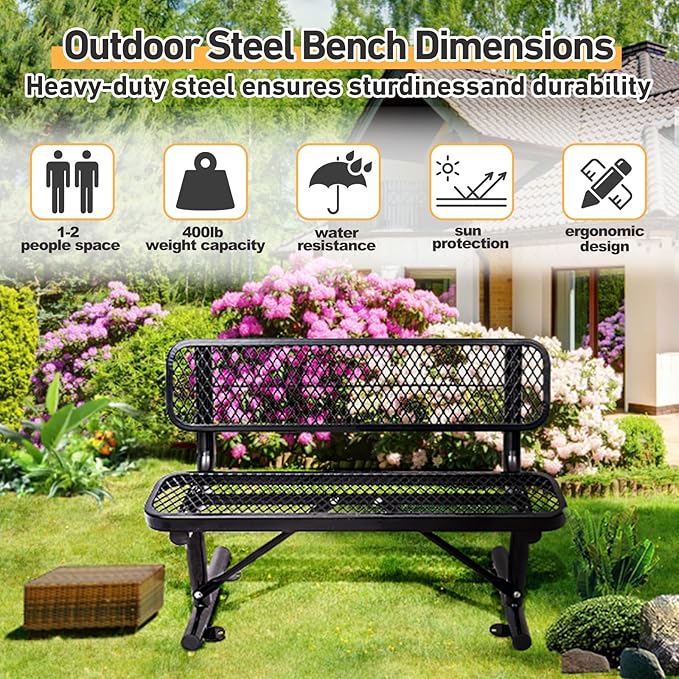 4FT/48INCH Heavy Duty Metal Park Bench for Outside, Outdoor Garden Benches with Backrest & Portable Frame, Expanded Metal Mesh Bench for Shopping Malls, Lawn, Park, Deck, Patio, Porch, Black