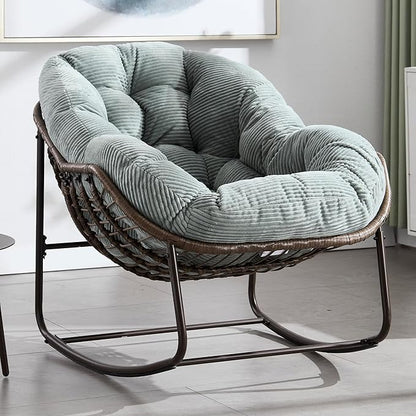HOMEFUN Outdoor Patio Rocking Chairs, Oversized Papasan Rock Chair Indoor with Striped Velvet Padded Cushion - Rocker Egg Seat for Front Porch, Garden, Patio, Backyard Green