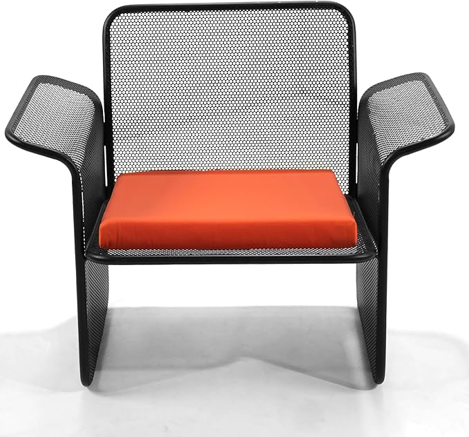 LOKKHAN Modern Outdoor Loveseat Mesh Bench Black Metal Frame with Orange Water-Resistant Cushion, 27.6H x 24.6W x 23.9D Inches, Contemporary Minimalist Patio Lounge Chair, Single Seat