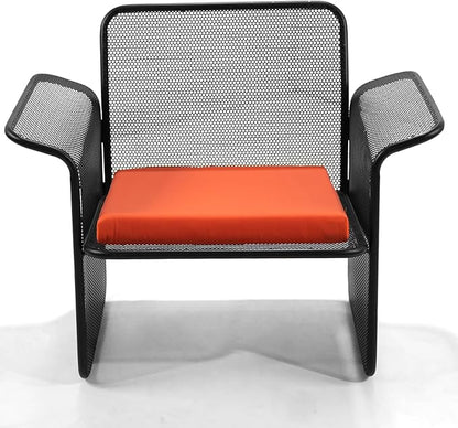 LOKKHAN Modern Outdoor Loveseat Mesh Bench Black Metal Frame with Orange Water-Resistant Cushion, 27.6H x 24.6W x 23.9D Inches, Contemporary Minimalist Patio Lounge Chair, Single Seat
