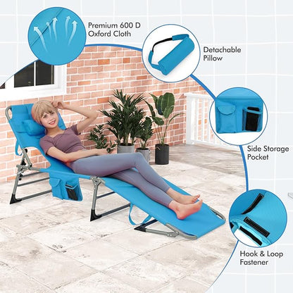 Goplus Tanning Chair, Folding Adjustable Patio Lounge Chair with Face Hole, Removable Pillow, 330LBS, Carry Strap, Outdoor Sunbathing Chair, Lightweight Portable Beach Lounge Chair, No Assembly