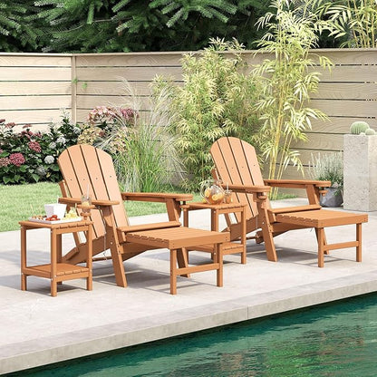 BRIOPAWS Adirondack-Chairs-with-Pull-Out-Footrest | Set of 4 | Folding | HDPE Plastic | Fire Pit Chair | All Weather | Cup Holders | Curved Back | Retractable Ottoman | for Poolside Deck | Teak