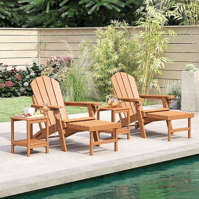 BRIOPAWS Adirondack-Chair-with-Pull-Out-Footrest | Folding | HDPE Plastic | Fire Pit Chairs | All Weather | Cup Holders | Curved Back | Retractable Ottoman | for Outdoor Deck Poolside | Teak