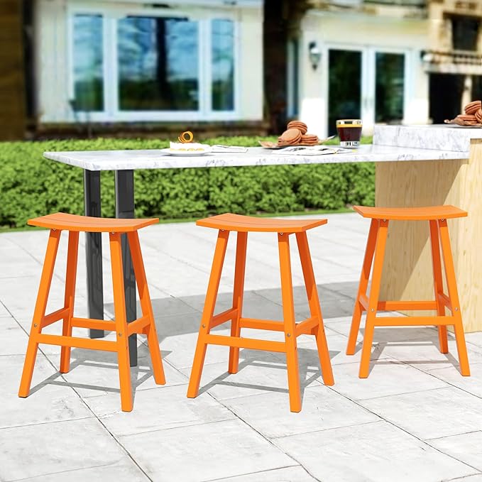 Costaelm All-Weather Bar Stools Set of 3, 29" Height Outdoor Bar Stools, Adirondack Poly Patio Bar Stool for Patio, Deck, Kitchen Counter and Garden, Orange