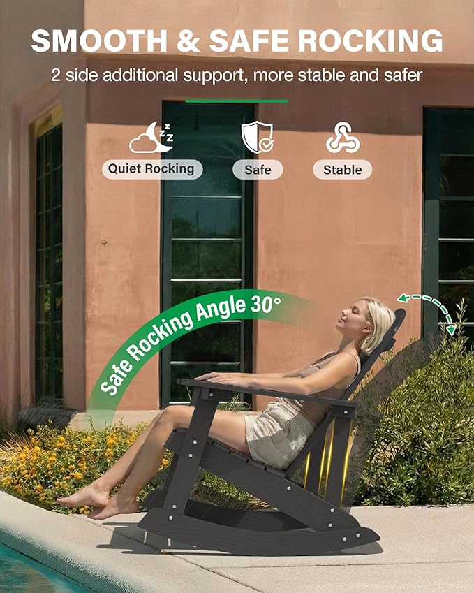 YEFU Outdoor Rocking Chair Set of 4,Adirondack Rocking Chair,Patio Rocker Chair with Wide Back,Oversized Rocker Chair Look Like Real Wood, for Lawn, Porch, Backyard, Indoor and Garden(Black)