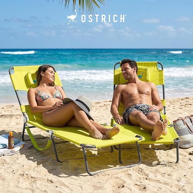 Ostrich the Original Chaise 72 x 22 Inch Lounge Portable Reclining Lounger, Outdoor Patio, Beach, Lawn, Camping, or Pool Tanning Chair, Lime Green