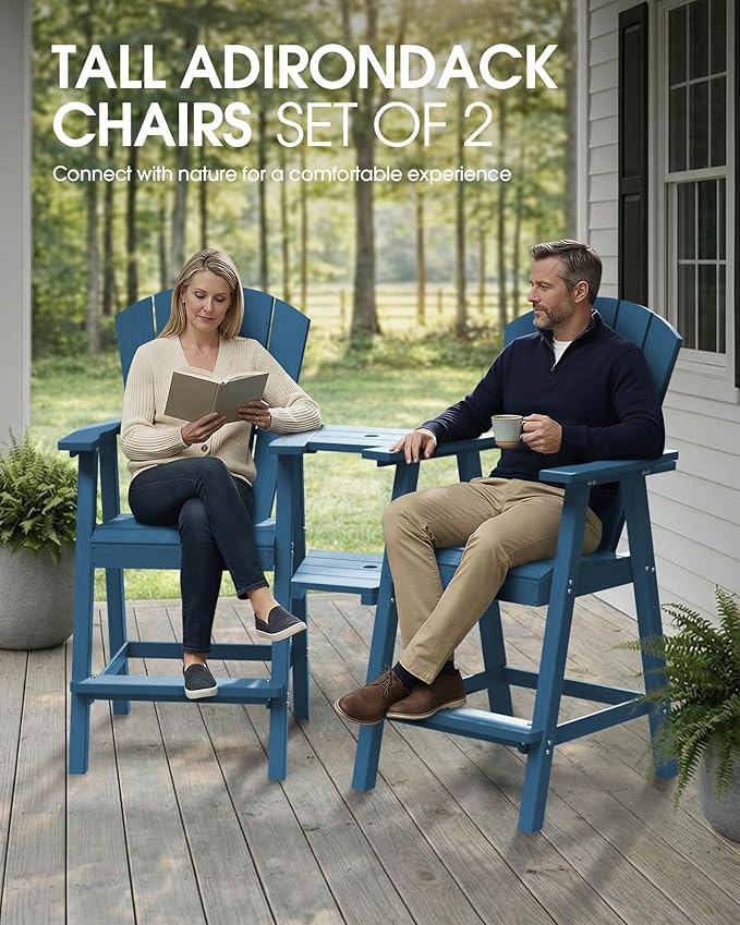 Tall Adirondack Chairs Set of 4, HDPE High Adirondack Chairs with Double Removable Trays, All Weather Outdoor Barstools for Patio, Balcony, Backyard, Deck and Garden, NavyBlue