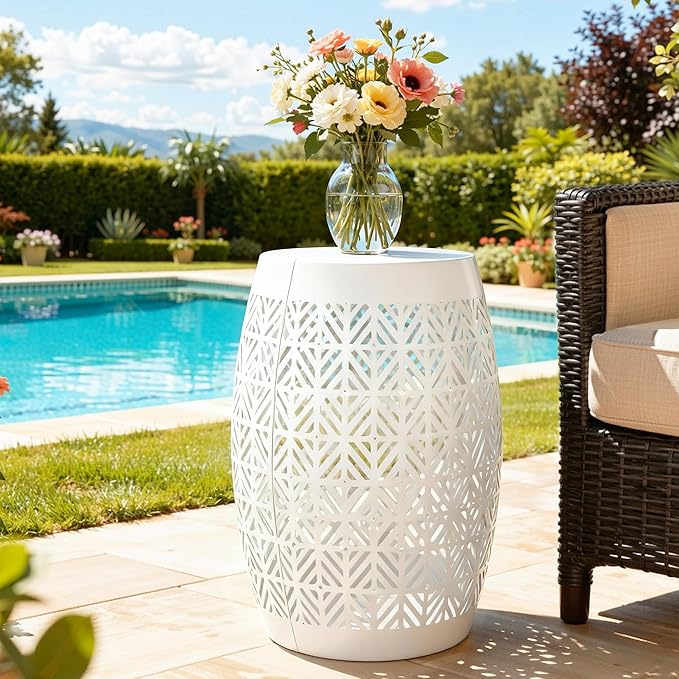 18" Cutout Metal Outdoor Side Table with 3-Mode LED Lights, Modern Decorative Drum End Table - Photo 9