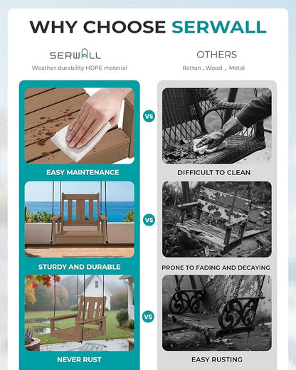 SERWALL HDPE Single Porch Swing Set of 2, Heavy Duty Single Person Swing Chair with 2 Polypropylene Hanging Ropes, Adirondack Hanging Chair for Outdoor Front Porch Patio Garden Yard, Brown