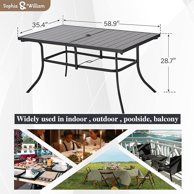 Sophia & William Outdoor Patio Table for 6 People, Rectangular Metal Patio Outdoor Dining Table, Black Steel Slatted Weather-Resistant Table with 1.57" Adjustable Umbrella Hole, L59 * W36 * H28