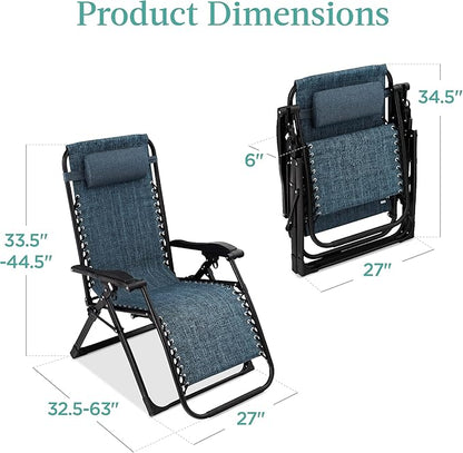 Best Choice Products Oversized Zero Gravity Chair, Folding Outdoor Patio Recliner, XL Anti Gravity Lounger w/Removable Cushion, Cup Holder, Side Tray, 350lb Capacity - Graphite Blue