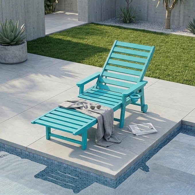 5-Position Adjustable Lounge Chair Outdoor, HDPE Outdoor Chaise Lounge with Cup Holder & Wheels - Photo 1