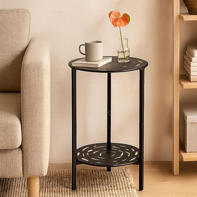 2-Tier Metal Round Side Table Black Accent Coffee Tables Small Space Corner Plant Stand Shelf for Indoor Outdoor Use - Photo 2