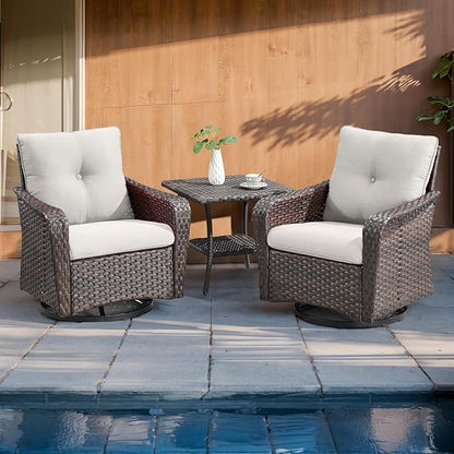 Rilyson Outdoor Patio Swivel Rocker Chairs - 6 PC Wicker Patio Bistro Sets with High Back,Comfy Cushions, Deep Seating and Side Table for Porch Deck Backyard Garden(Brown/Beige)