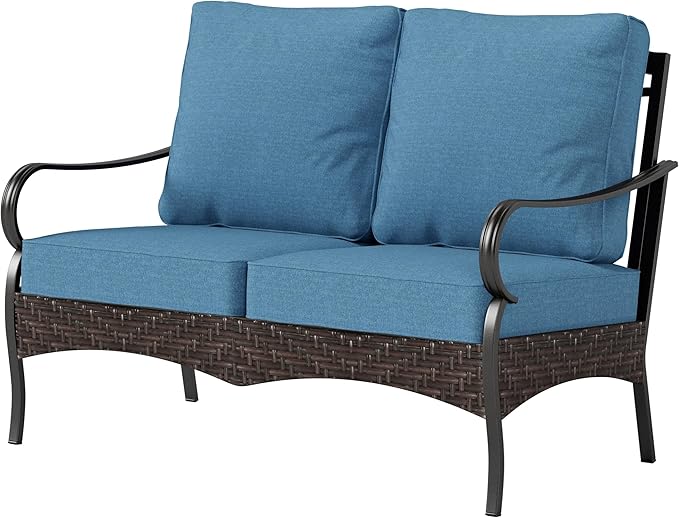 PHI VILLA Wicker & Metal Outdoor 2-Seat Patio Couch, Patio Sofa Loveseat with Deep Seating for Front Porch, Deck - Photo 8