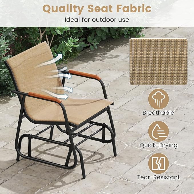 Giantex Outdoor Glider, Swing Rocking Chair with Breathable Fabric Seat, Curved Teak Wood Armrests and Metal Frame - Photo 5