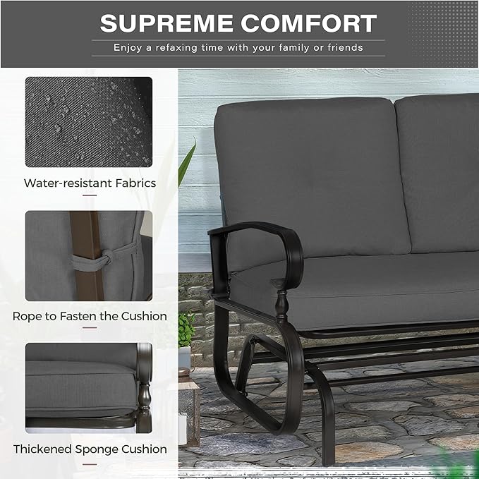 Crownland Outdoor Patio Textilene Glider Chair, Rocking Glider Bench for 2 Person, Porch Loveseat Seating with Cushion - Photo 4