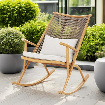 Christopher Knight Home Ilumia Iron Frame in Maple Finish Rocking Chair Outdoor, Patio PE Rattan Backrest Rocker Chair with Cushions, Comfort Wicker Rocker for Backyard Balcony Porch, Gray + Maple